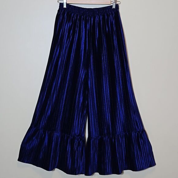 Umgee Velvet Ribbed Plisse Wide Leg Pants Size Small Elastic Pull On Blue Flared - Picture 1 of 10